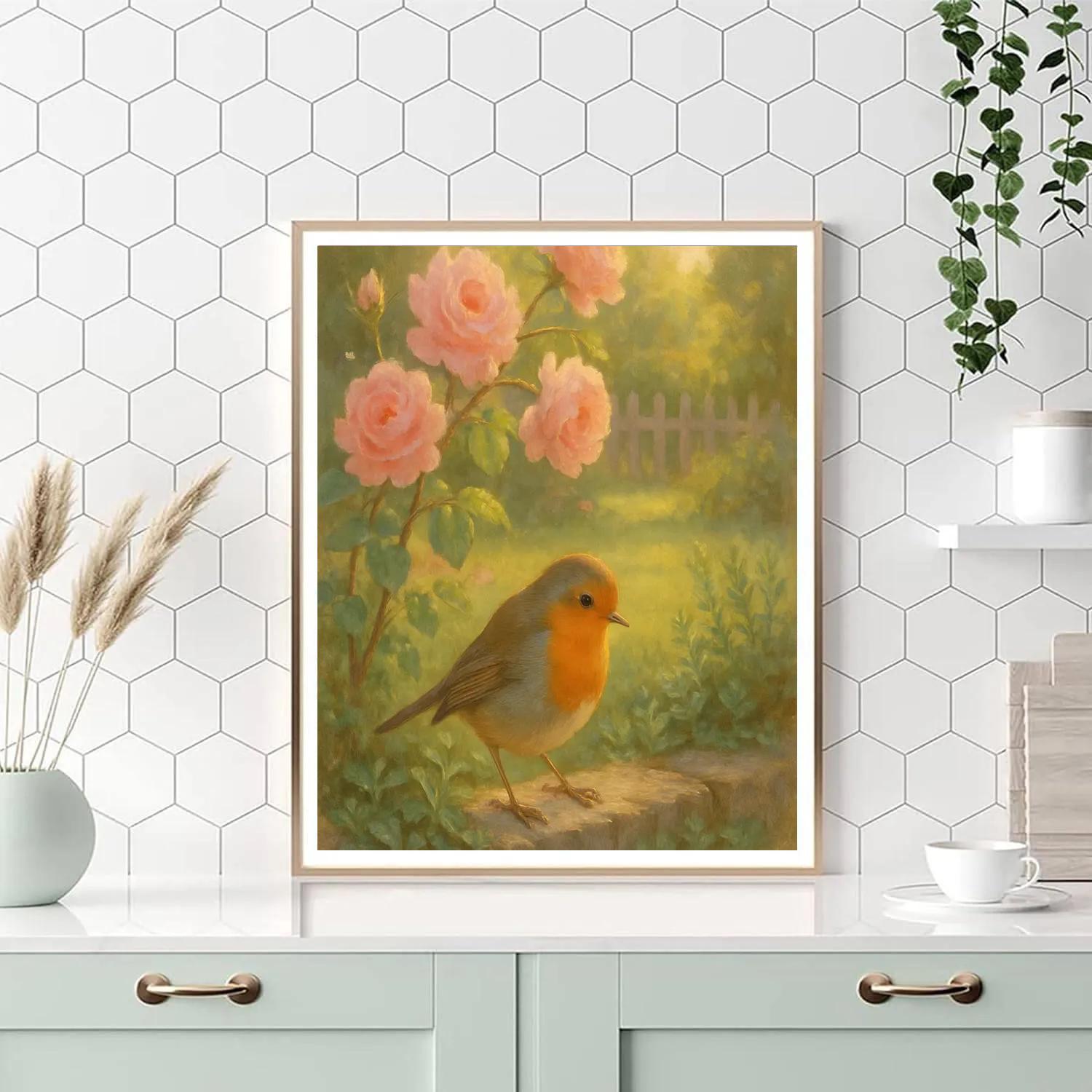 Garden Robin Among Spring Tea Roses painting number kit