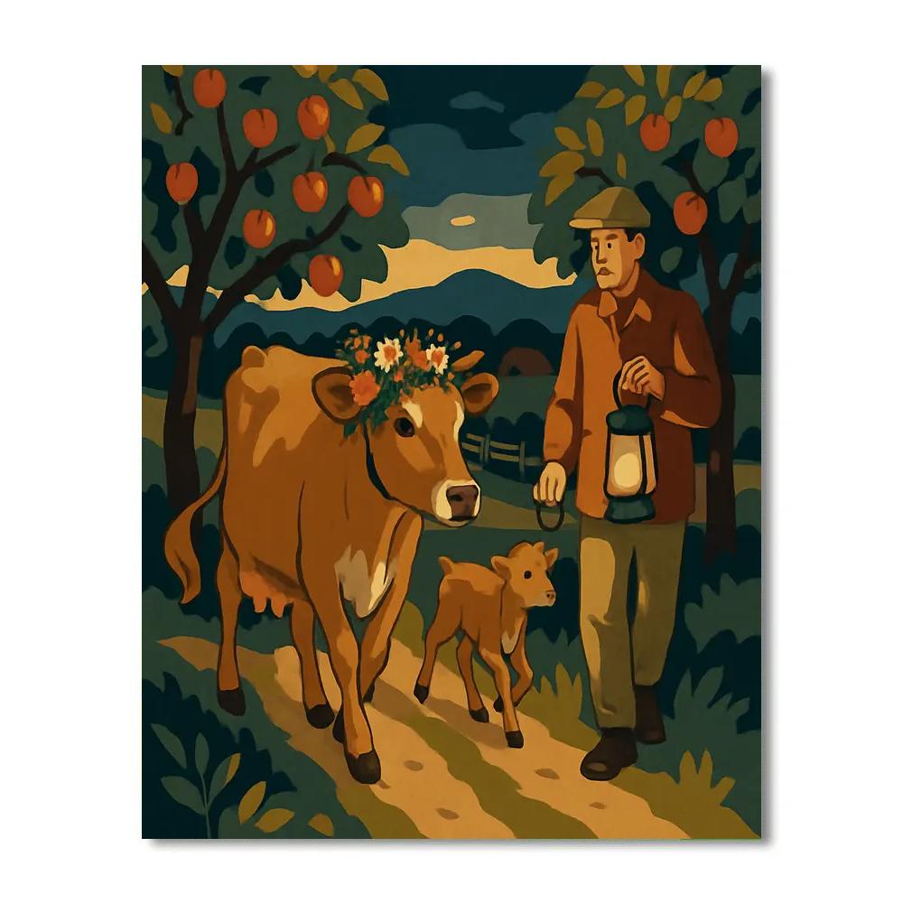 Lanternlit Orchard Cow Procession paint by numbers