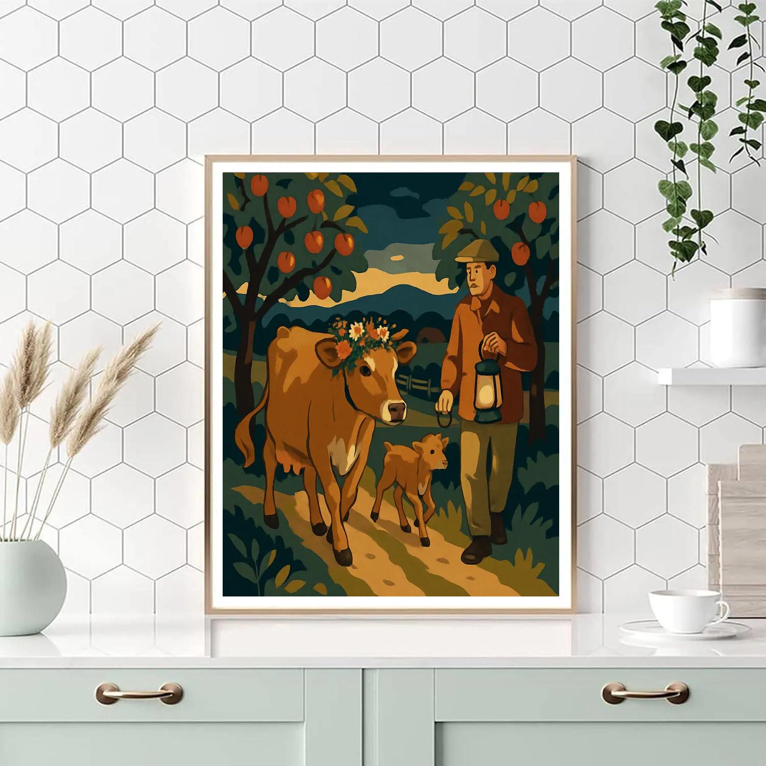 Lanternlit Orchard Cow Procession paint by numbers