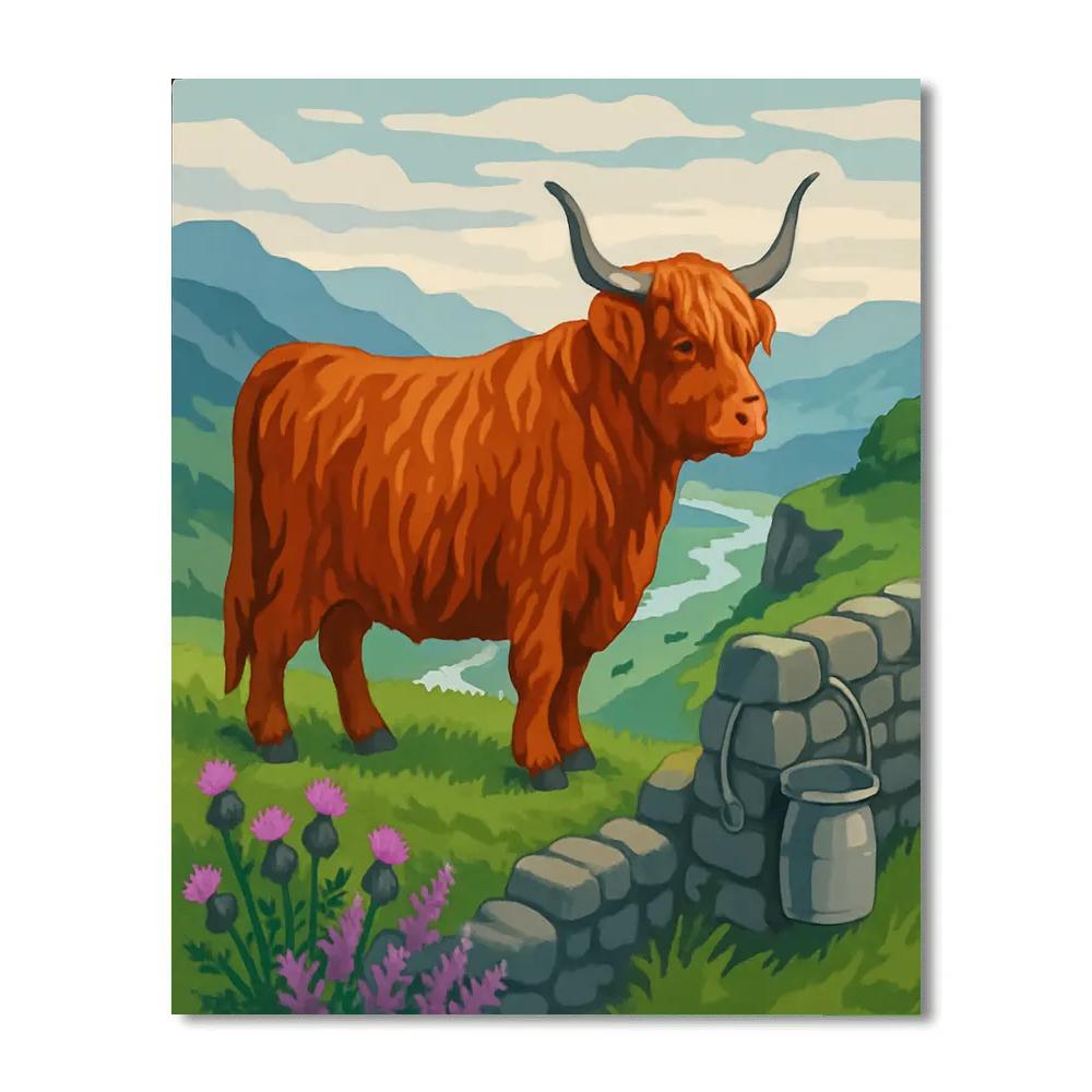 Highland Meadow With Cow Guardian Painting by numbers kit