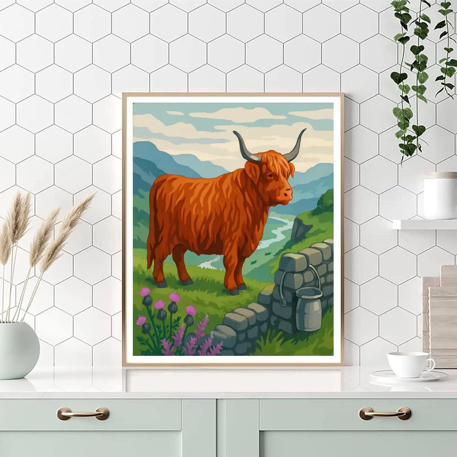 Highland Meadow With Cow Guardian Painting by numbers kit
