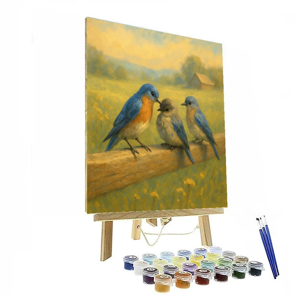 Bluebird Family On A Sun Warm Fence Rail paint by numbers
