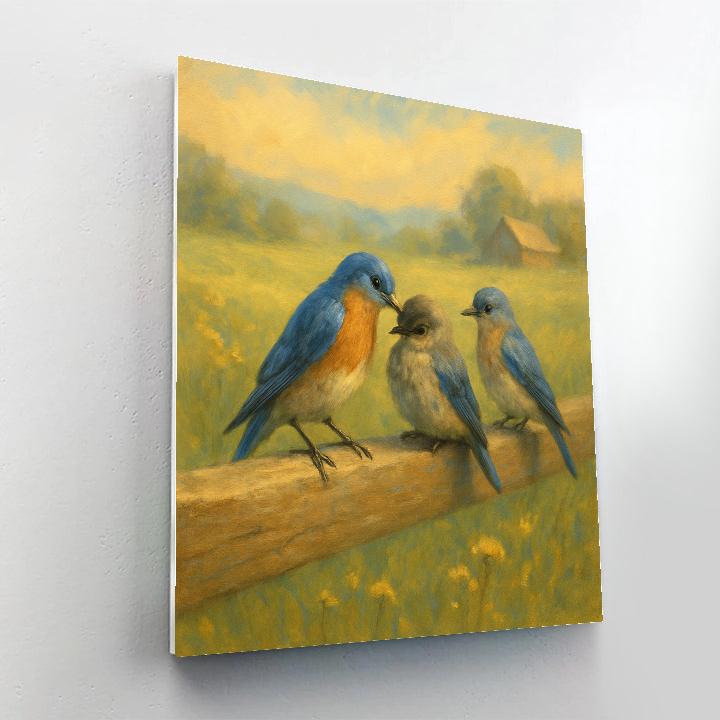 Bluebird Family On A Sun Warm Fence Rail paint by numbers