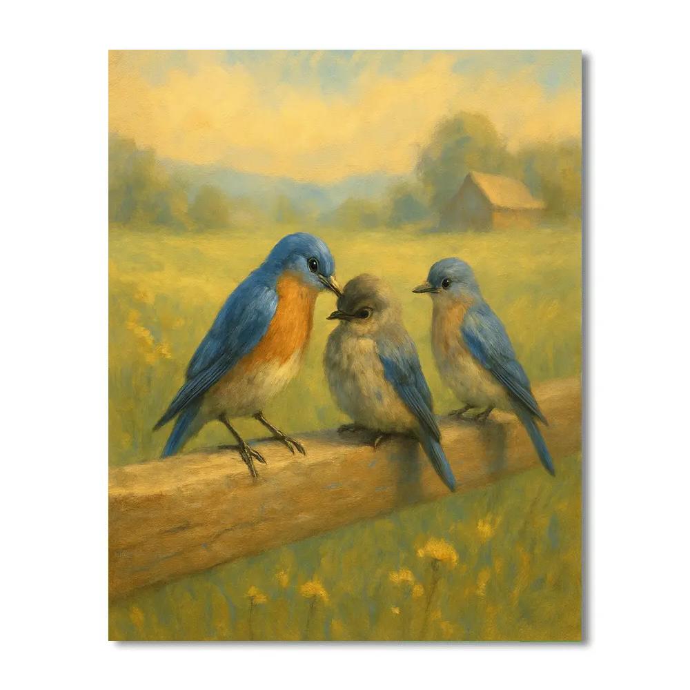 Bluebird Family On A Sun Warm Fence Rail paint by numbers