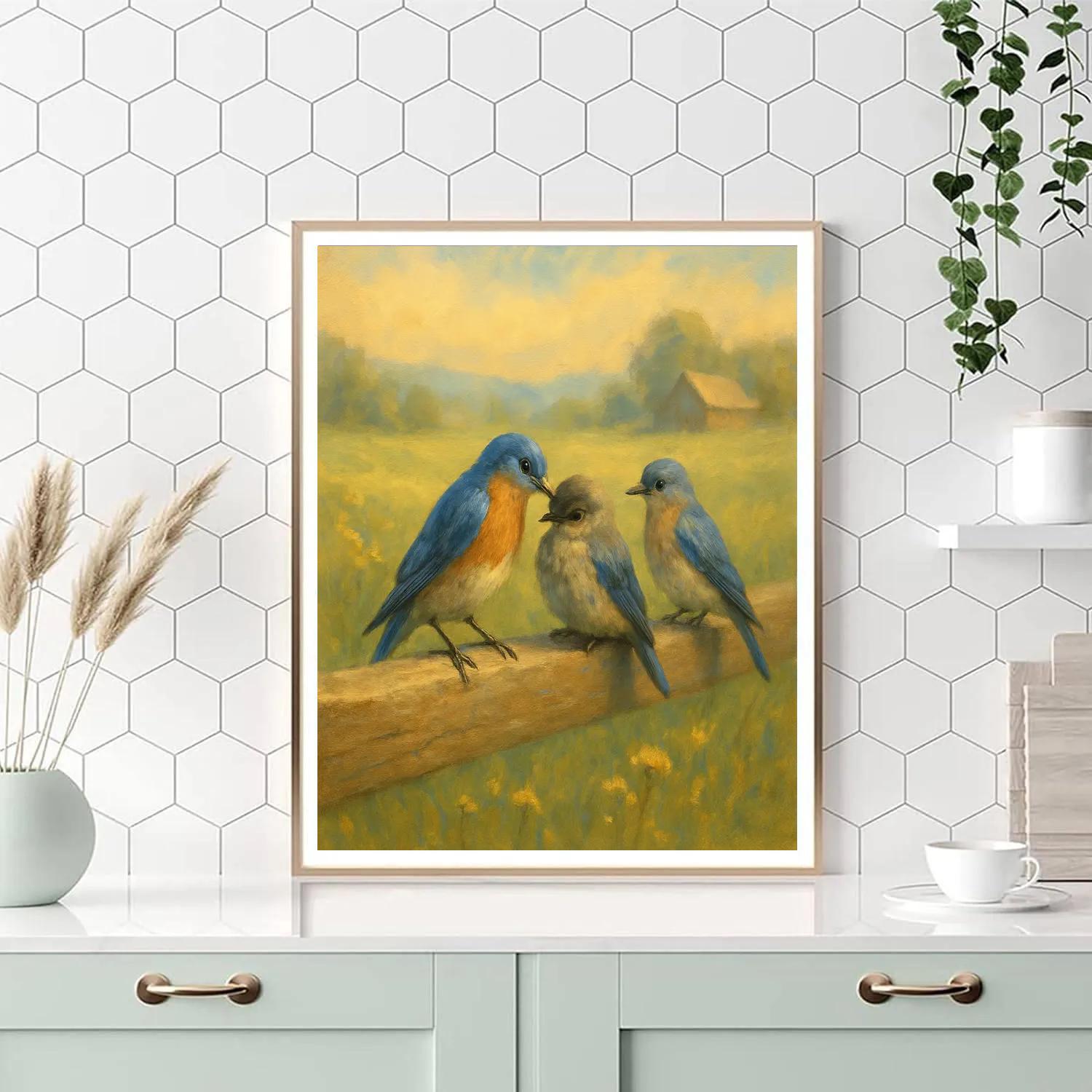 Bluebird Family On A Sun Warm Fence Rail paint by numbers