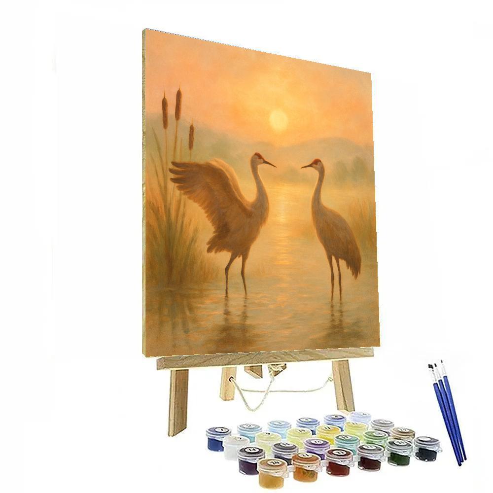 Sandhill Cranes At Sunrise Over Quiet Marsh Numbered painting kits