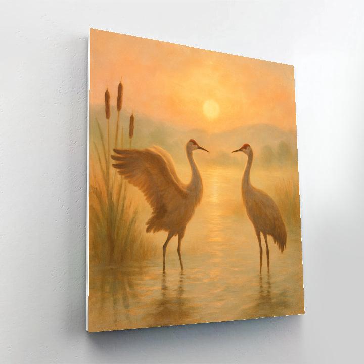 Sandhill Cranes At Sunrise Over Quiet Marsh Numbered painting kits