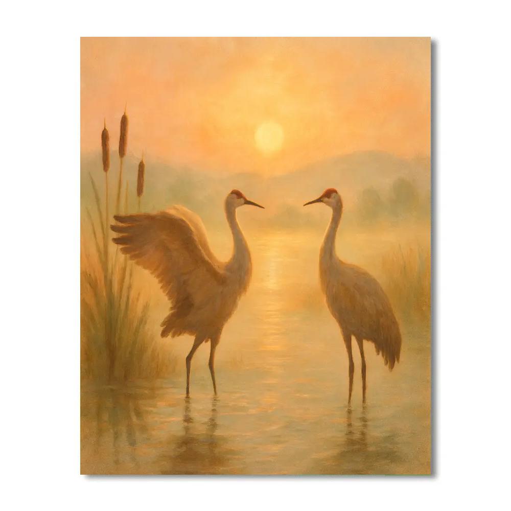Sandhill Cranes At Sunrise Over Quiet Marsh Numbered painting kits