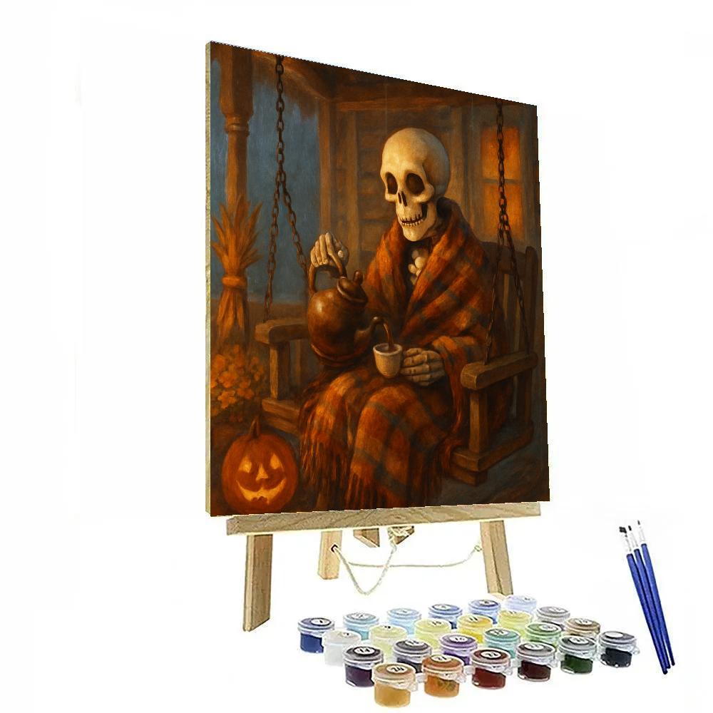Autumn Porch Tea With The Friendly Skeleton painting number kit