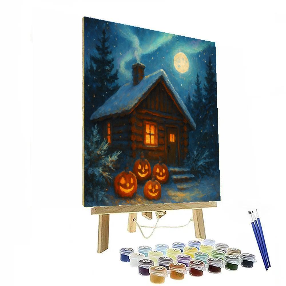 Snowy Halloween Cabin With Aurora Jack O Lanterns painting number kit