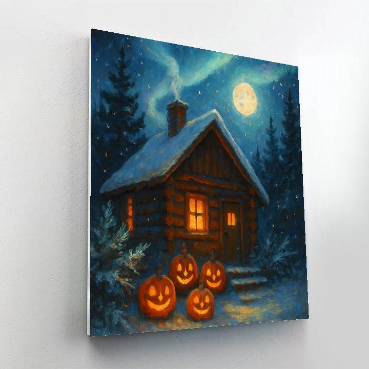 Snowy Halloween Cabin With Aurora Jack O Lanterns painting number kit