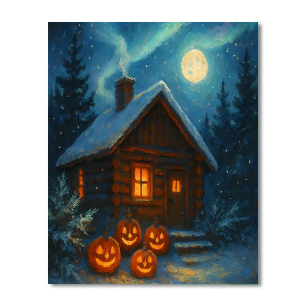 Snowy Halloween Cabin With Aurora Jack O Lanterns painting number kit