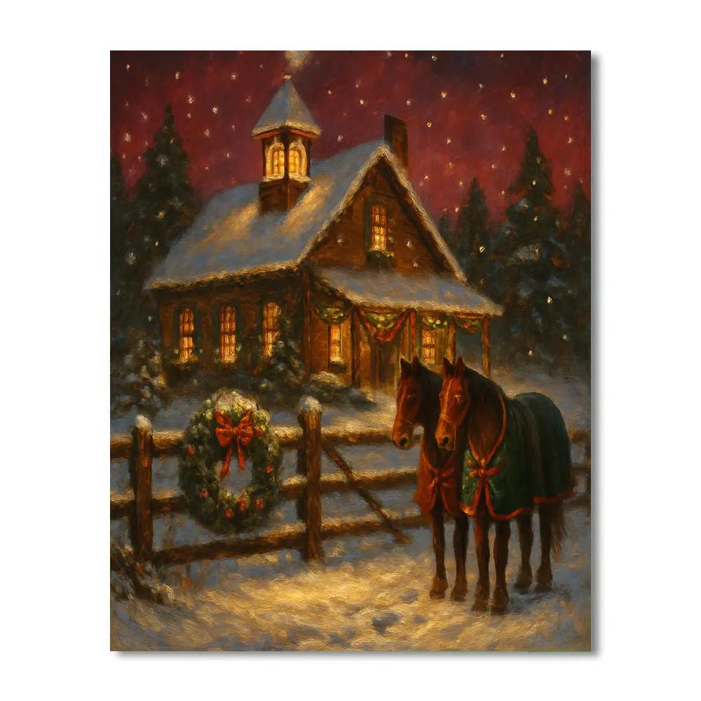 Snowy Farmhouse Bell Night Number painting