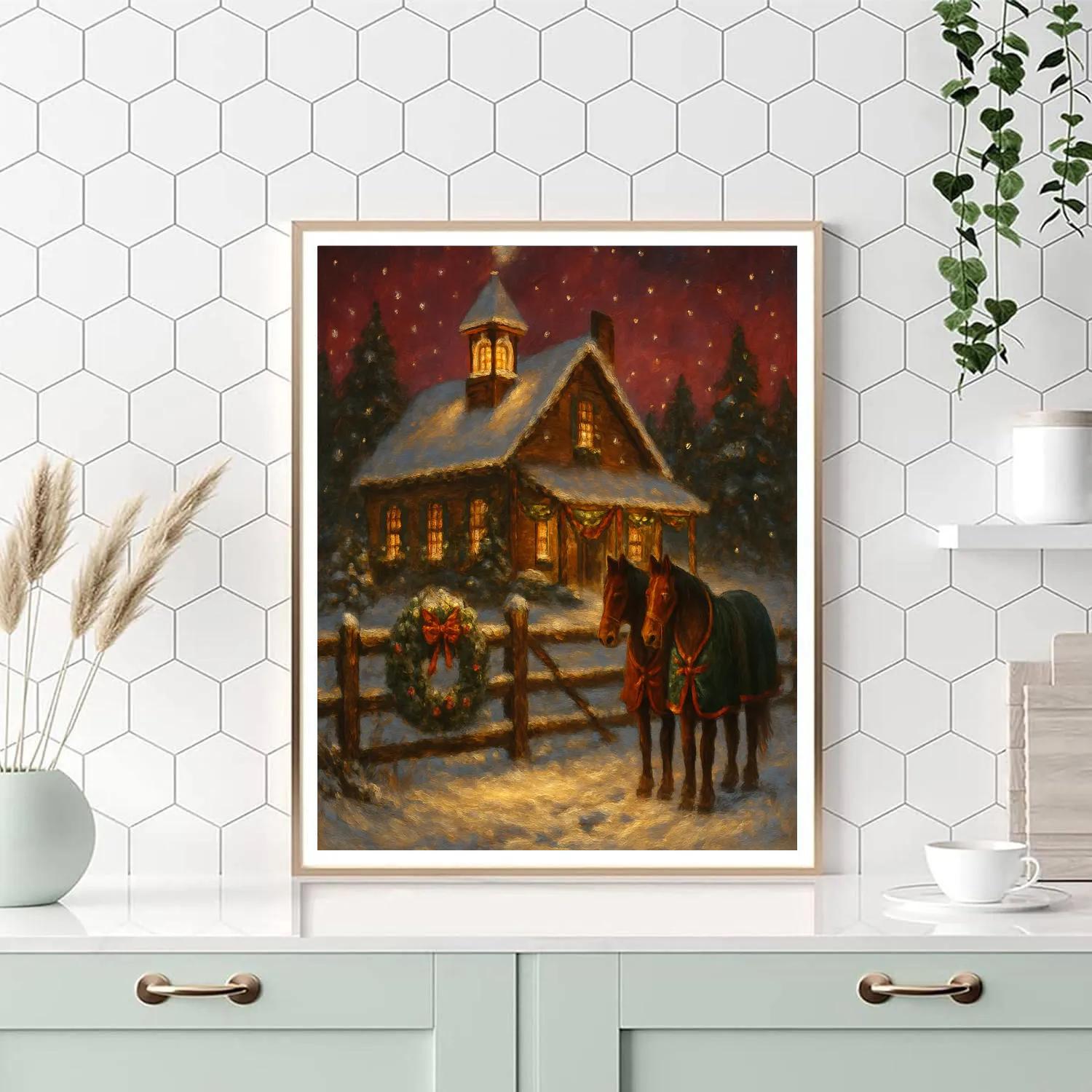 Snowy Farmhouse Bell Night Number painting