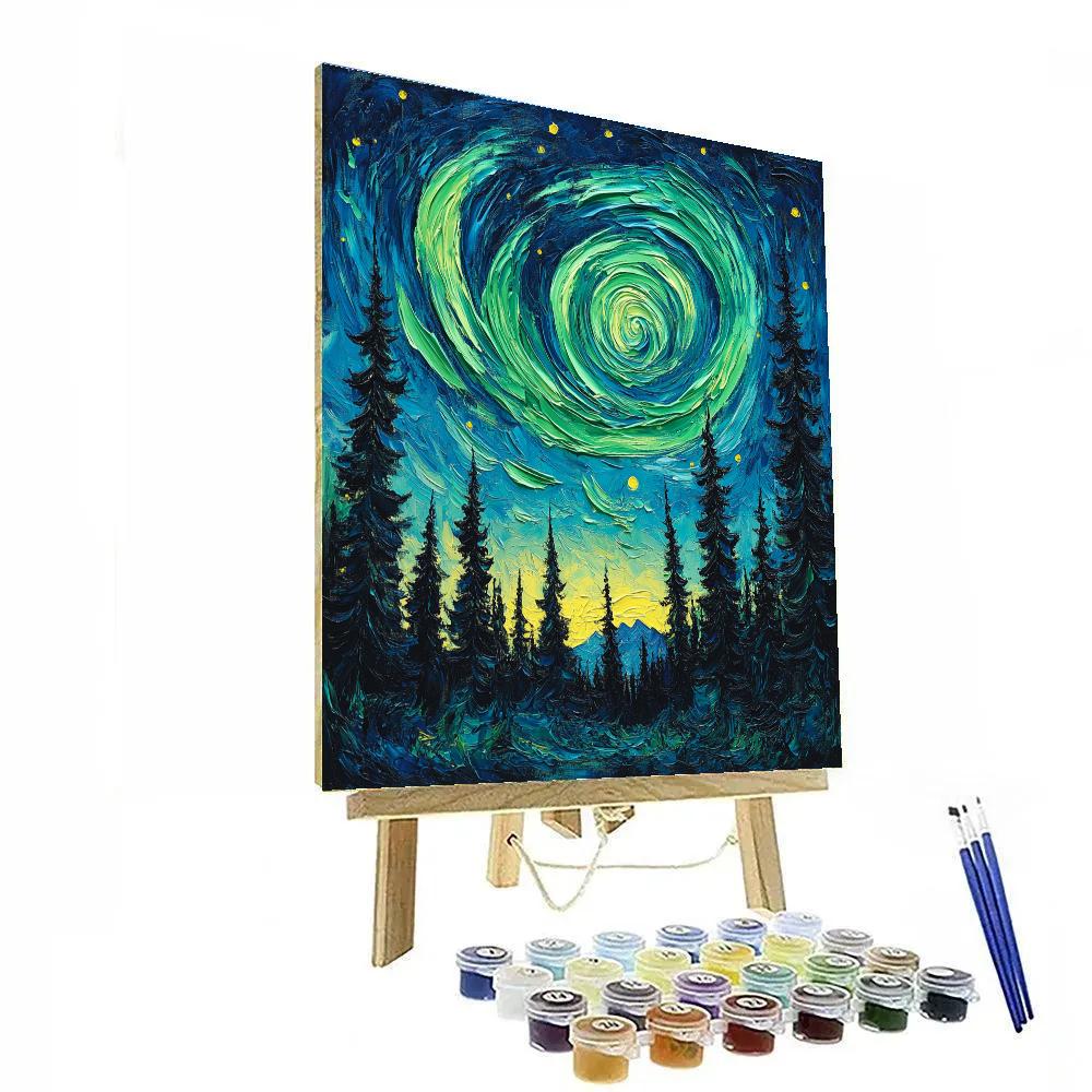 Van Gogh Inspired Aurora Over Pine Forest painting number kit