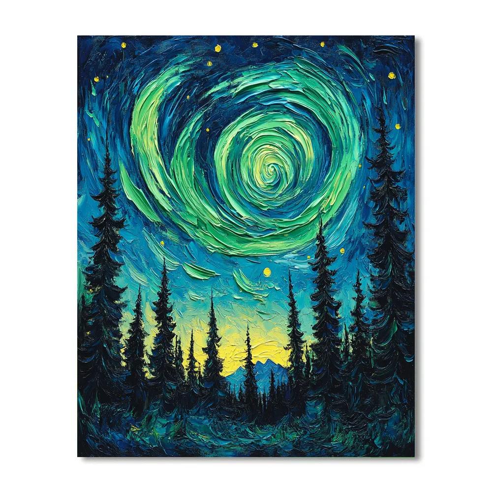 Van Gogh Inspired Aurora Over Pine Forest painting number kit