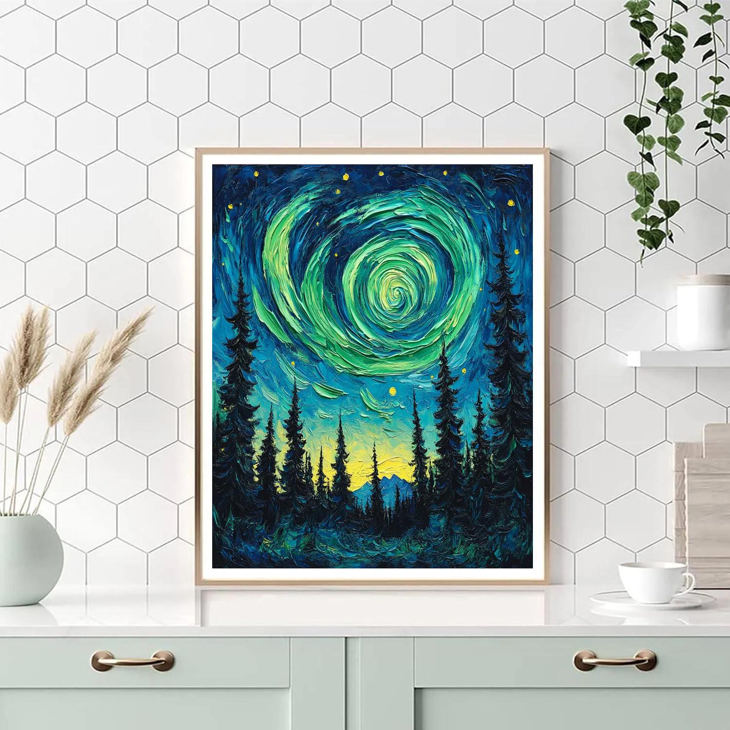 Van Gogh Inspired Aurora Over Pine Forest painting number kit