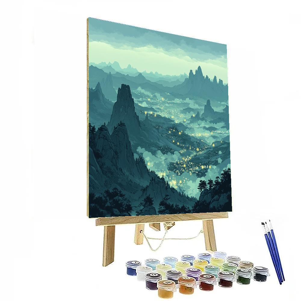 Leonardo Da Vinci Inspired Bioluminescent Citylights Over Silent Mountains paint by number