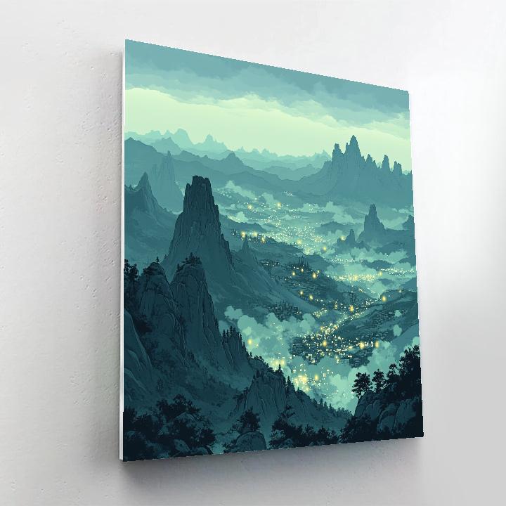 Leonardo Da Vinci Inspired Bioluminescent Citylights Over Silent Mountains paint by number