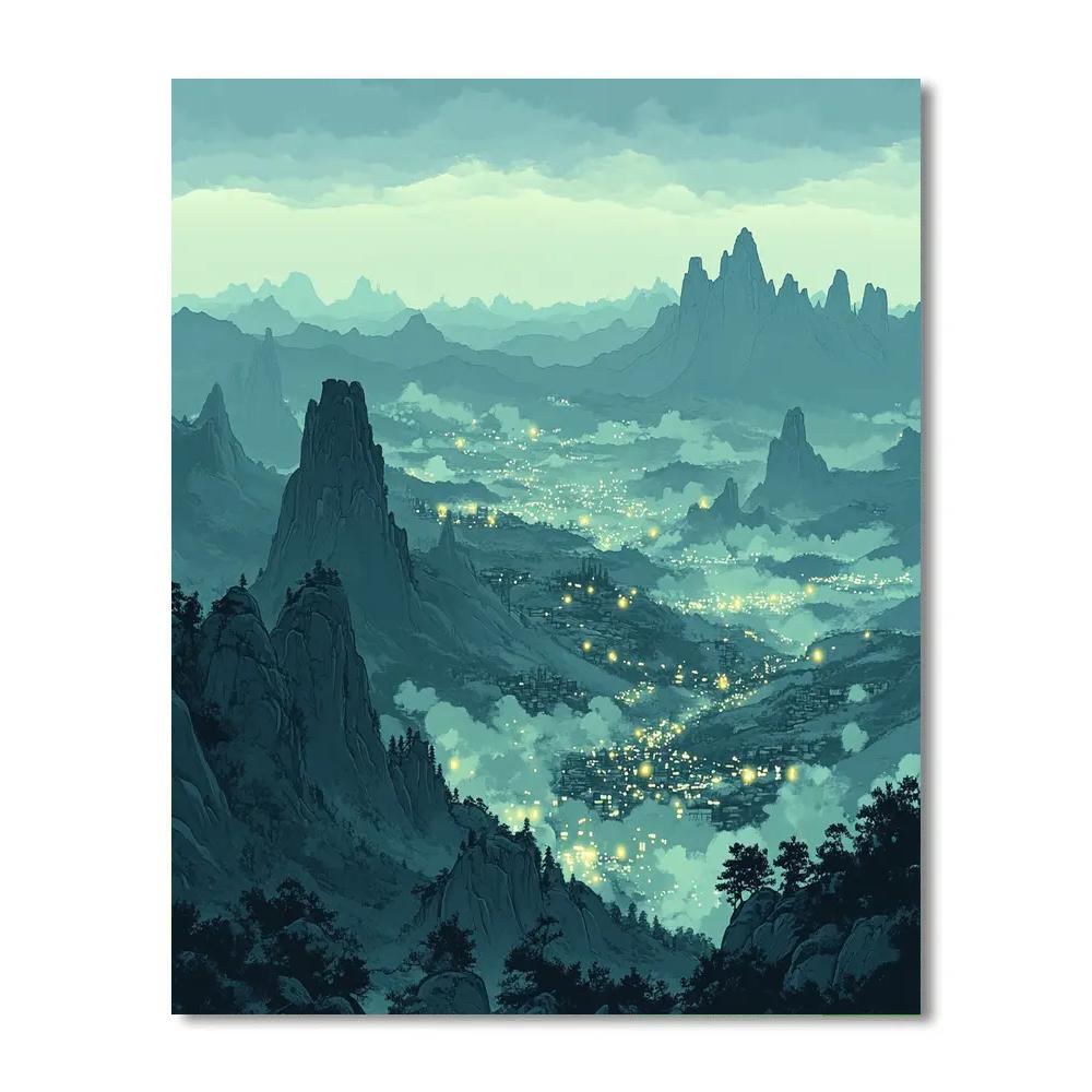 Leonardo Da Vinci Inspired Bioluminescent Citylights Over Silent Mountains paint by number