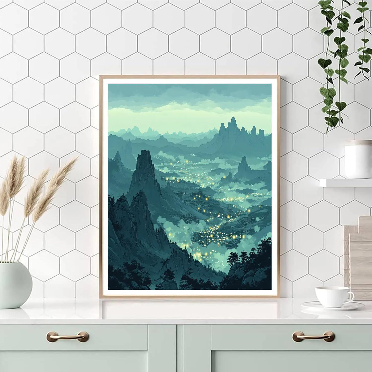 Leonardo Da Vinci Inspired Bioluminescent Citylights Over Silent Mountains paint by number