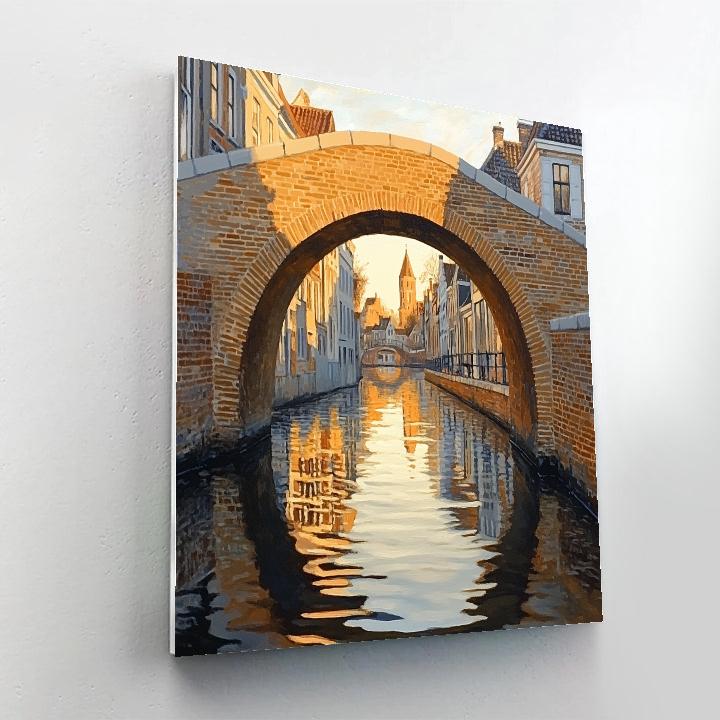 Johannes Vermeer Inspired Quiet Delft Canal With Golden Reflections And Brick Arch Paint by numbers art