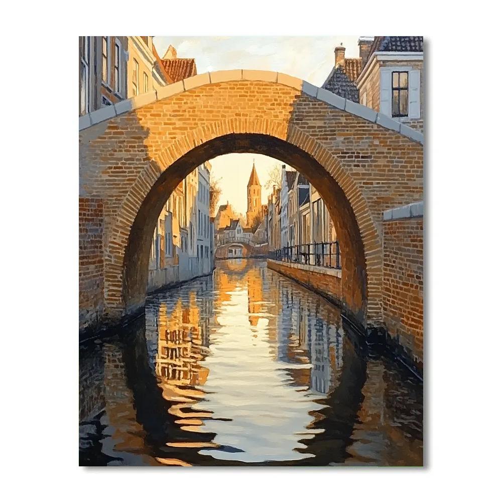 Johannes Vermeer Inspired Quiet Delft Canal With Golden Reflections And Brick Arch Paint by numbers art