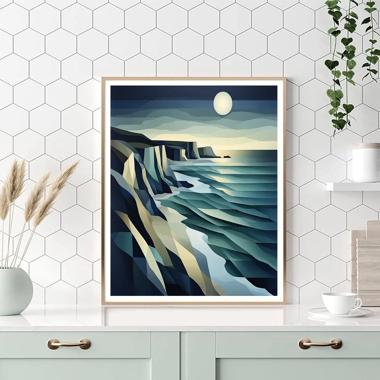 Pablo Picasso Inspired Fractured Moonlit Coastal Cliffs In Cubist Planes Paint by numbers kits