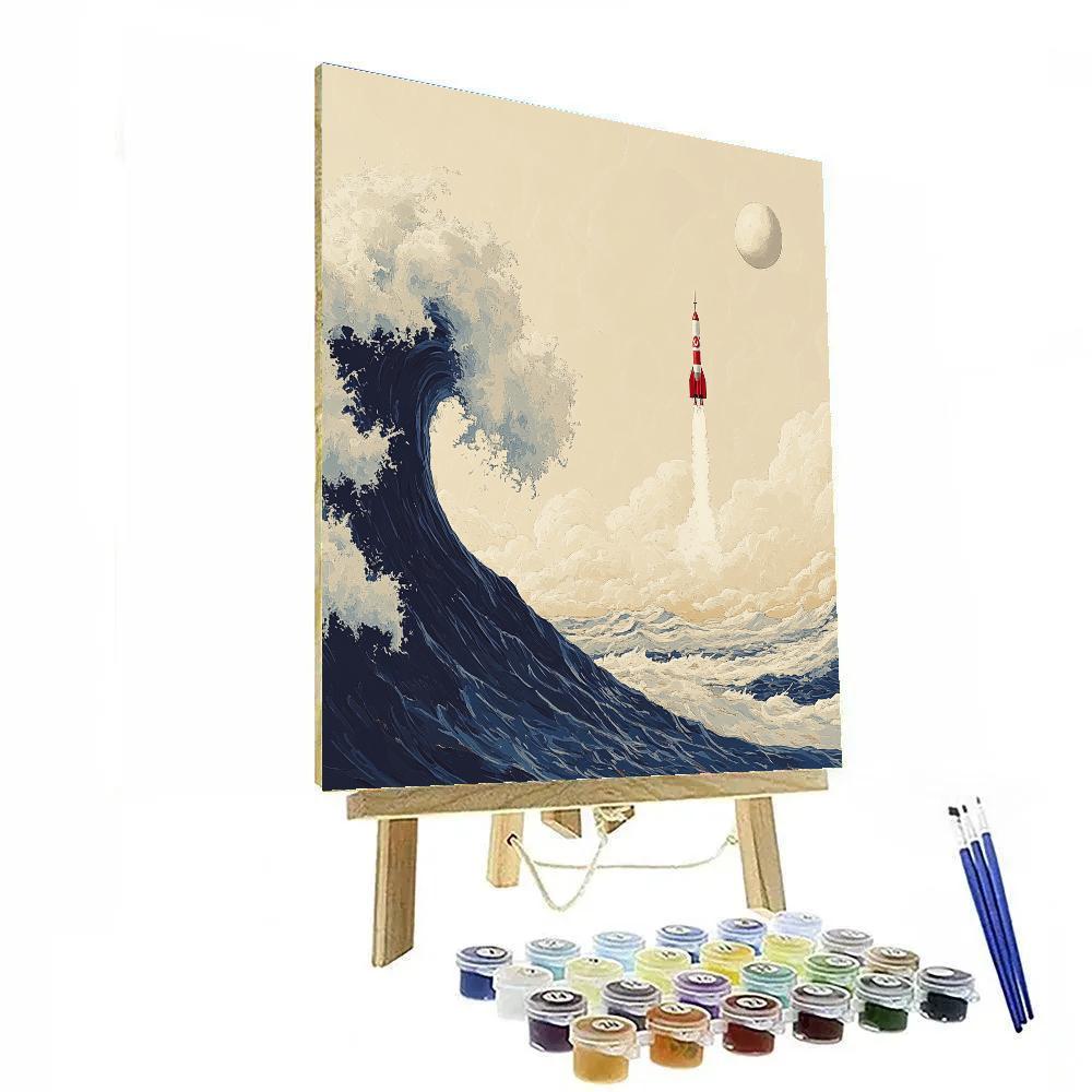 Hokusai Inspired Ocean Wave With Distant Rocket paint by number