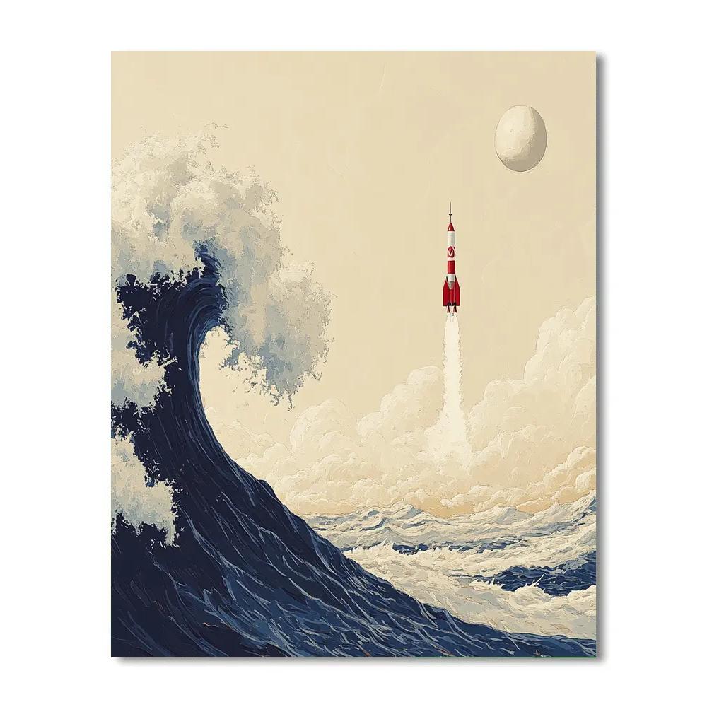 Hokusai Inspired Ocean Wave With Distant Rocket paint by number