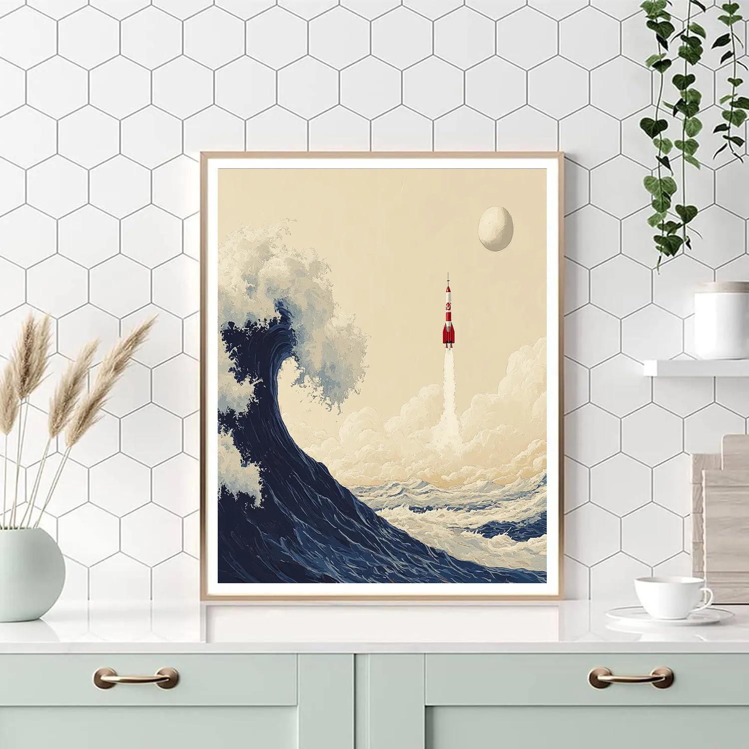 Hokusai Inspired Ocean Wave With Distant Rocket paint by number