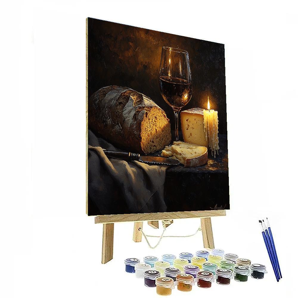Rembrandt Inspired Candlelit Still Life With Bread And Cheese Number painting