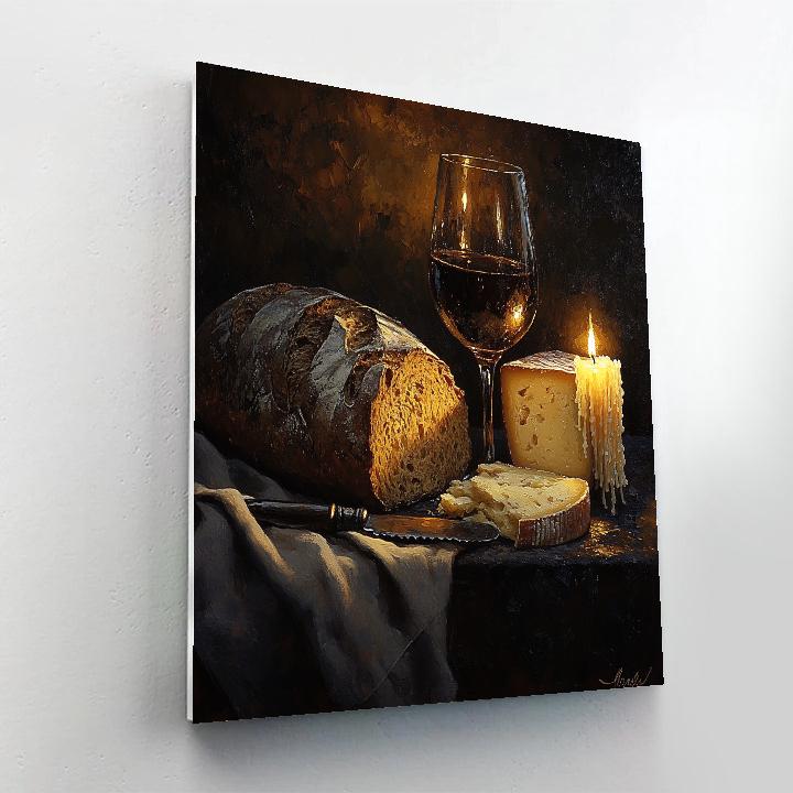 Rembrandt Inspired Candlelit Still Life With Bread And Cheese Number painting