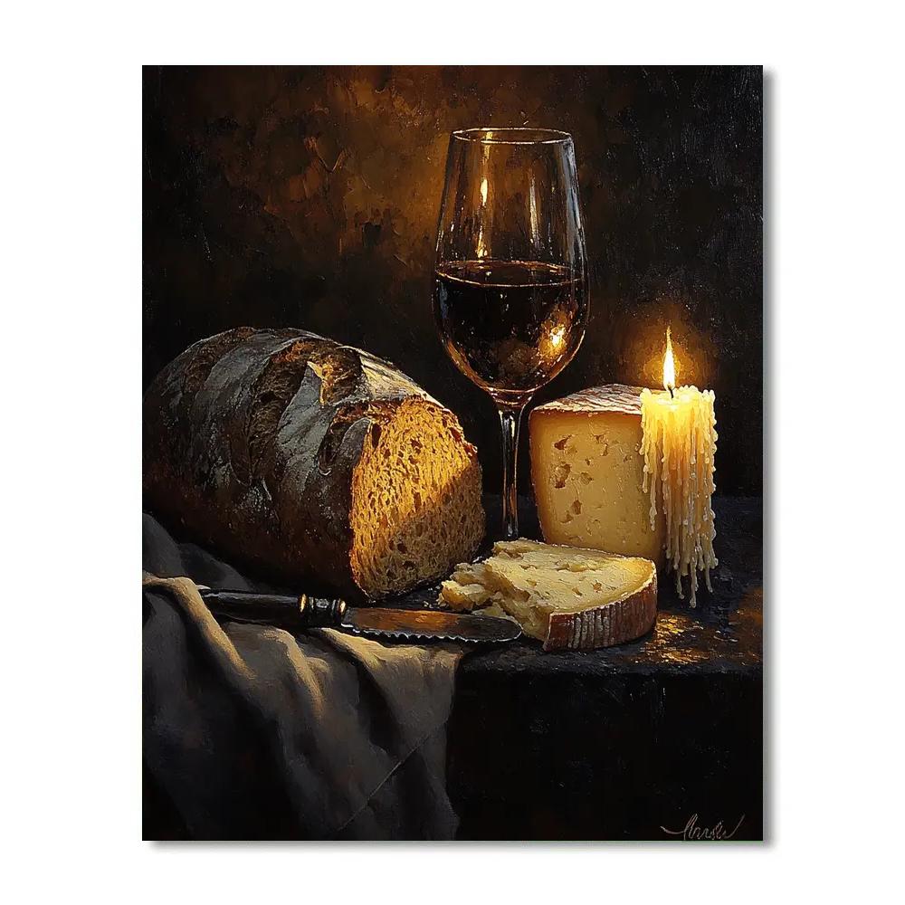 Rembrandt Inspired Candlelit Still Life With Bread And Cheese Number painting