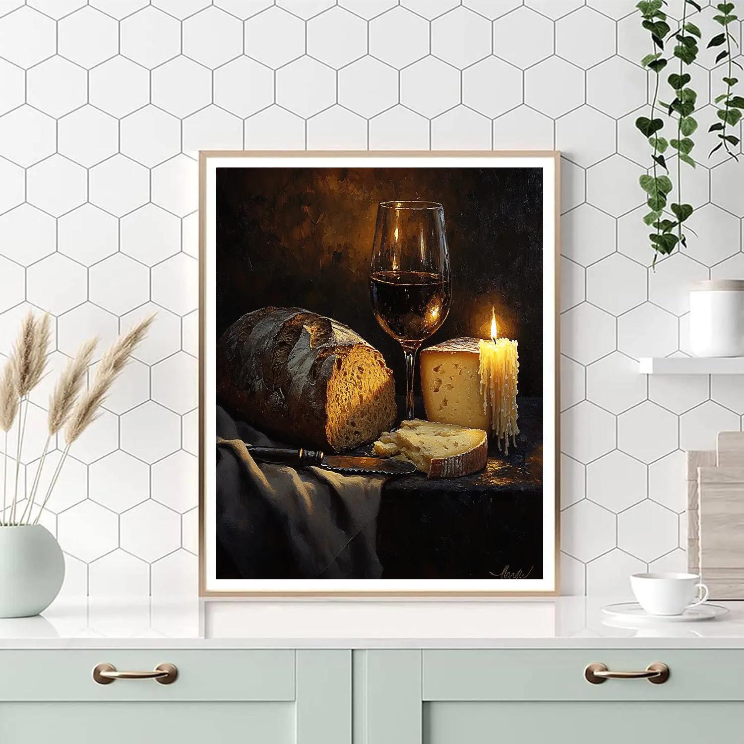 Rembrandt Inspired Candlelit Still Life With Bread And Cheese Number painting
