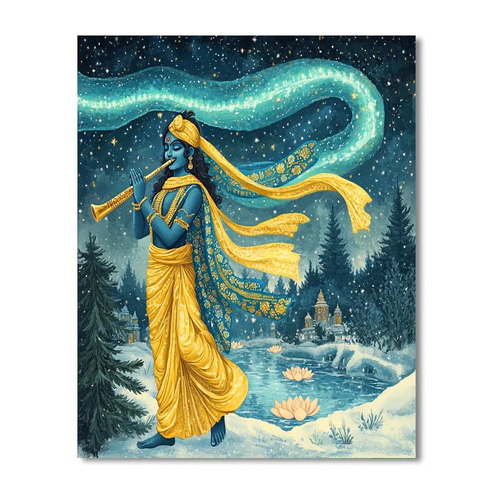 Krishna Playing Flute Under Polar Lights Painting by numbers kit