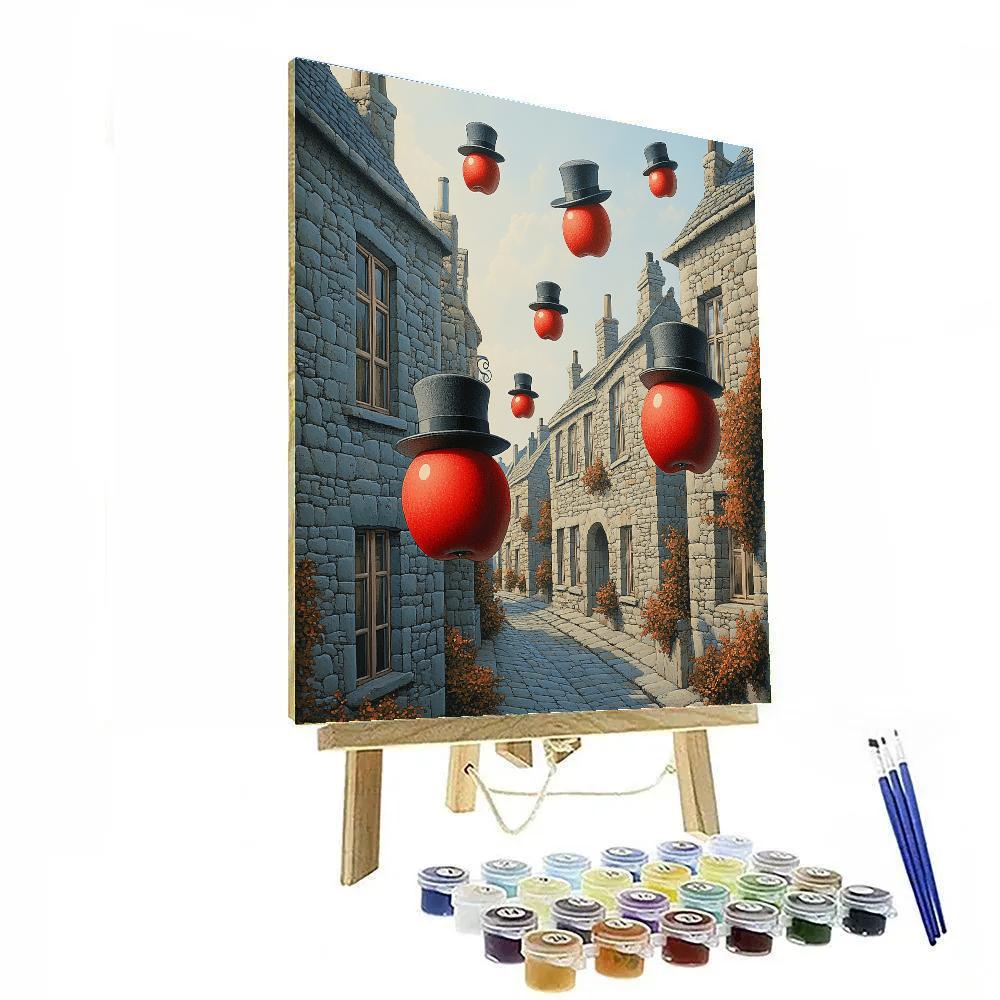 René Magritte Inspired Floating Bowler Hats And Red Apples painting number kit