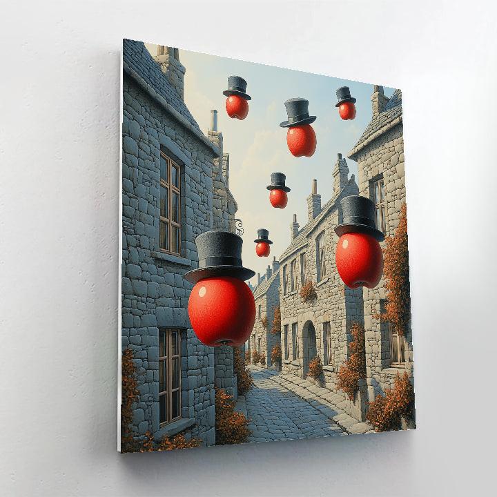 René Magritte Inspired Floating Bowler Hats And Red Apples painting number kit