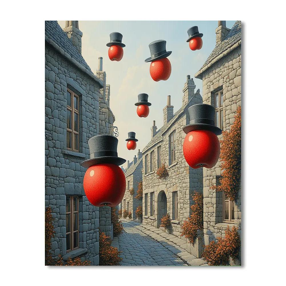 René Magritte Inspired Floating Bowler Hats And Red Apples painting number kit