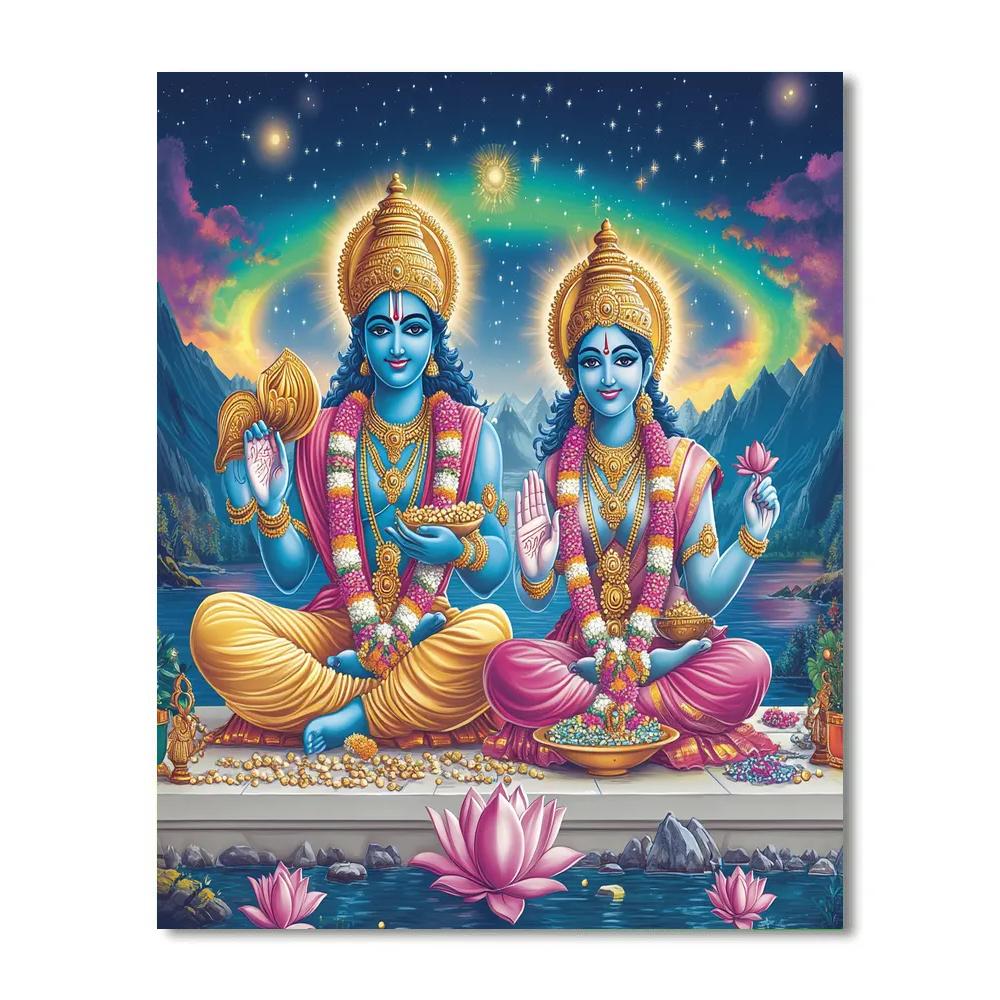 Vishnu And Lakshmi Under The Aurora Lotus Sky Paint by numbers art