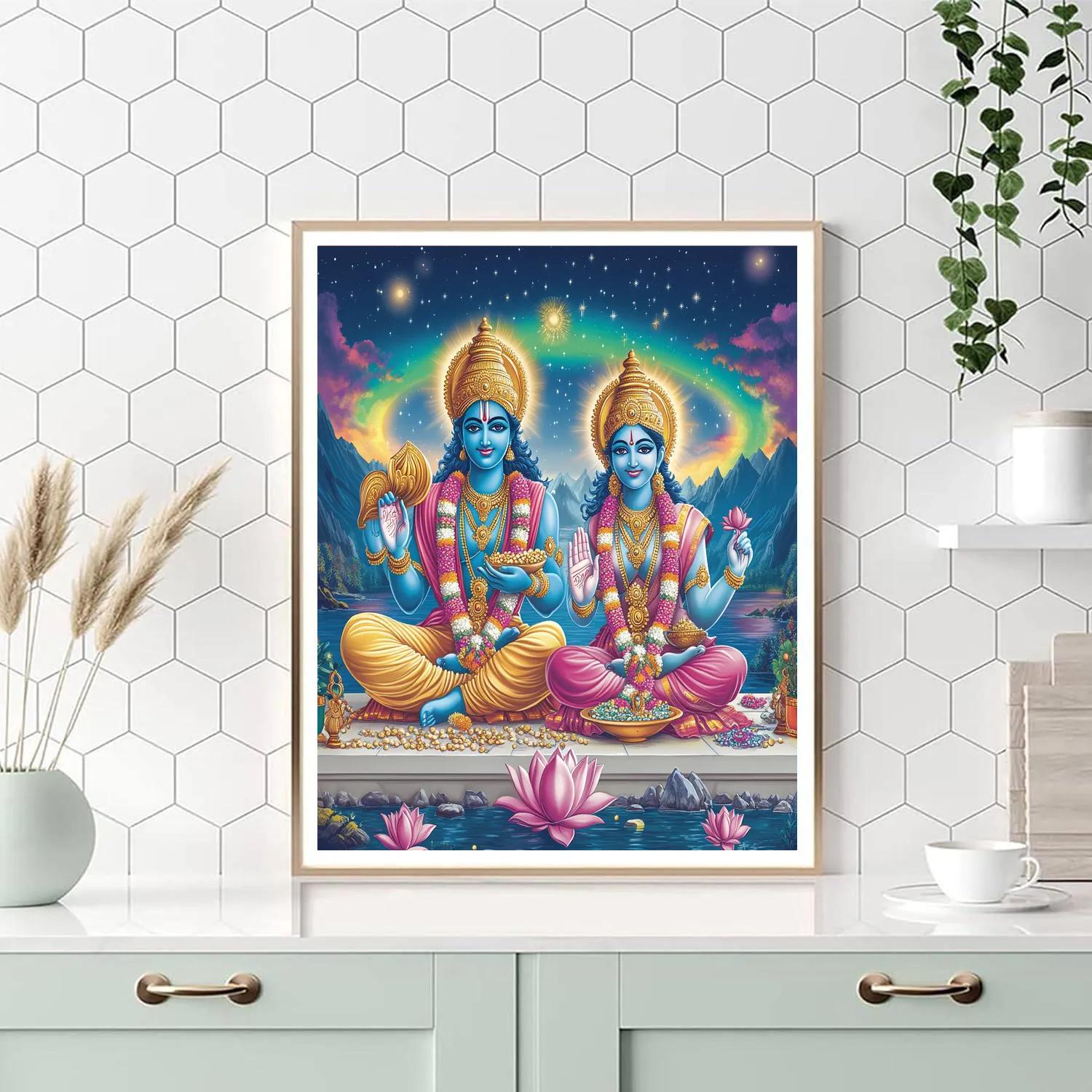 Vishnu And Lakshmi Under The Aurora Lotus Sky Paint by numbers art