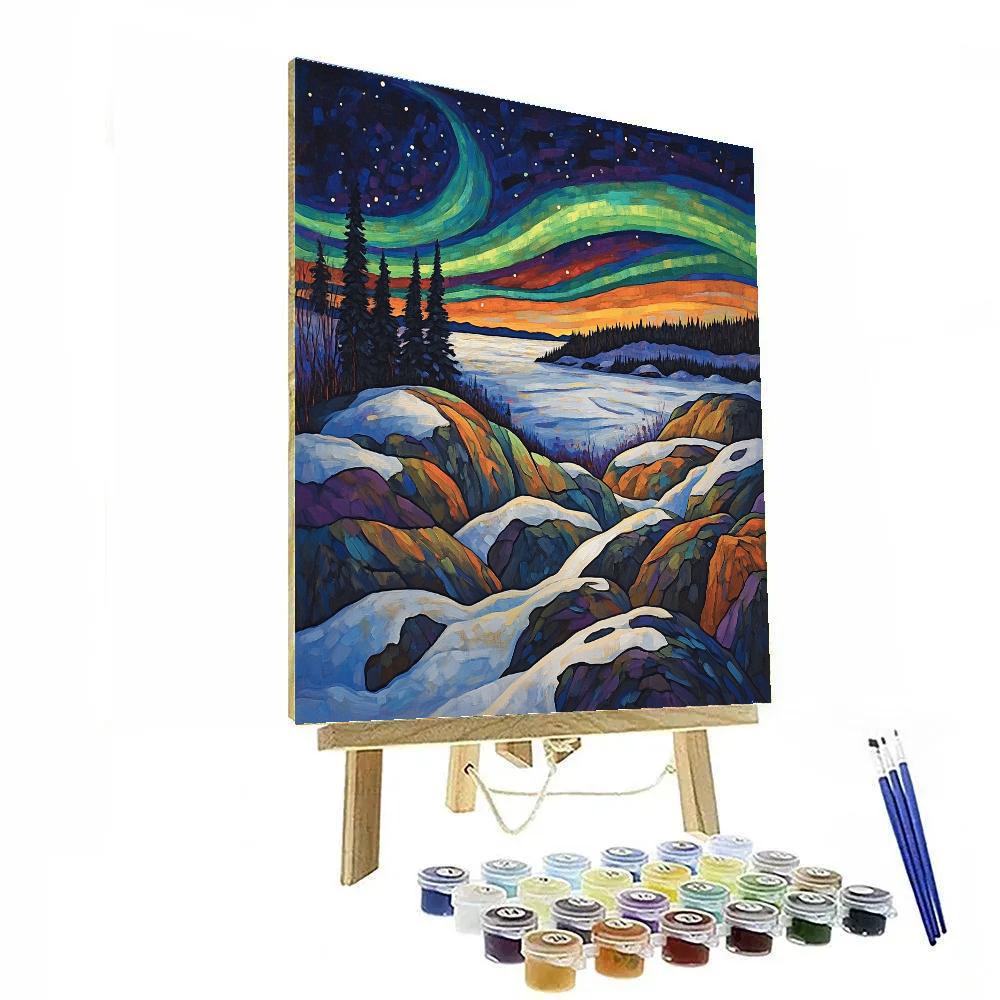 A.Y. Jackson Inspired Basalt Ridges Under Aurora Snowlight paint by numbers