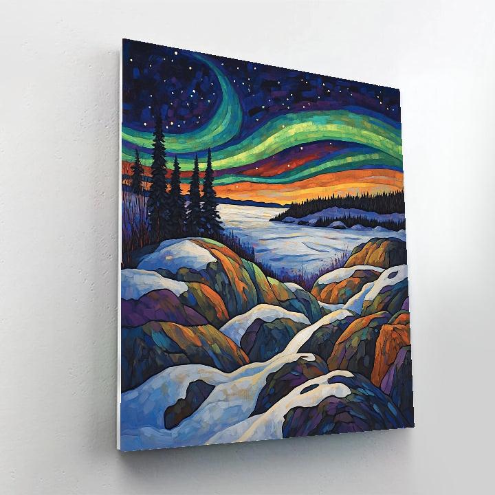 A.Y. Jackson Inspired Basalt Ridges Under Aurora Snowlight paint by numbers