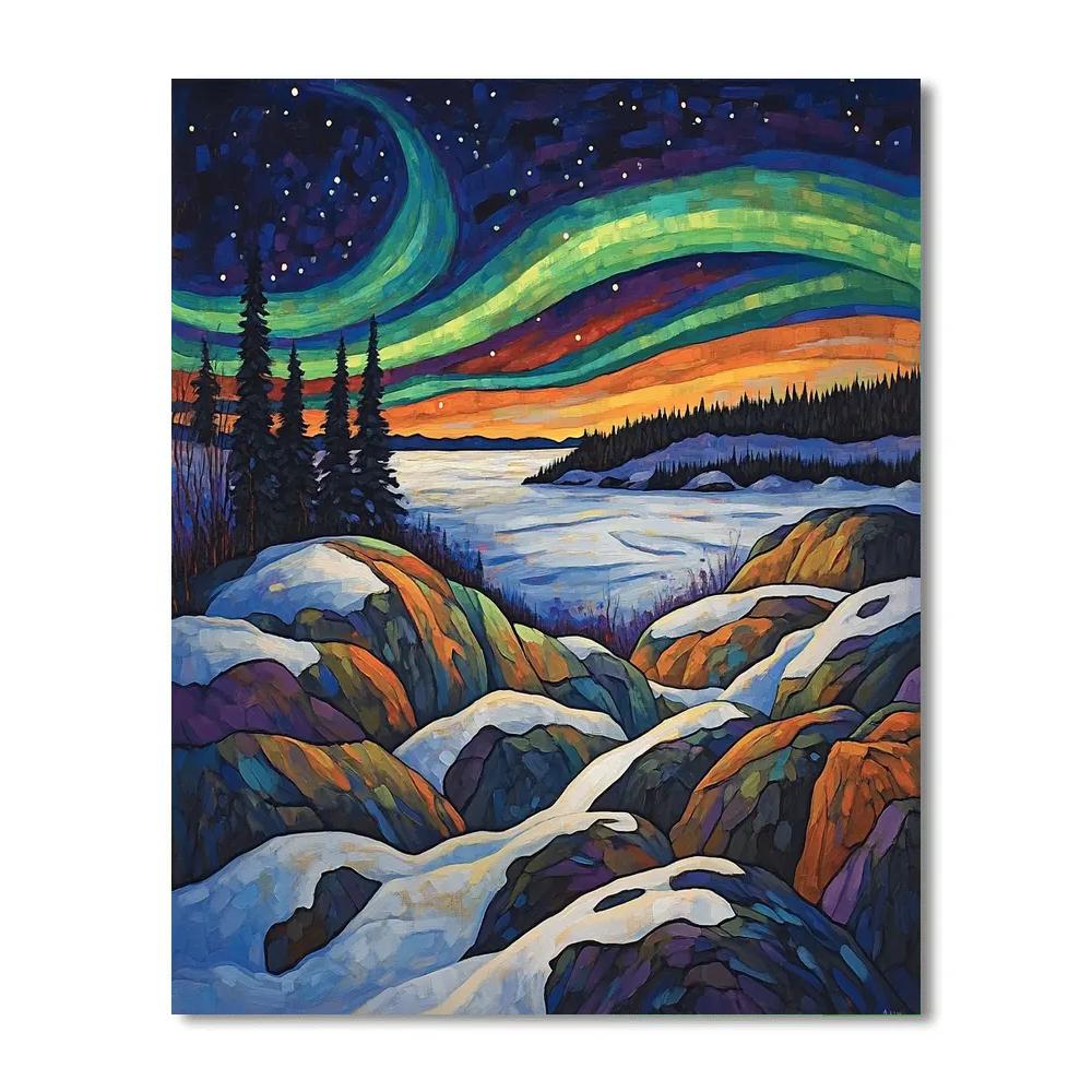 A.Y. Jackson Inspired Basalt Ridges Under Aurora Snowlight paint by numbers