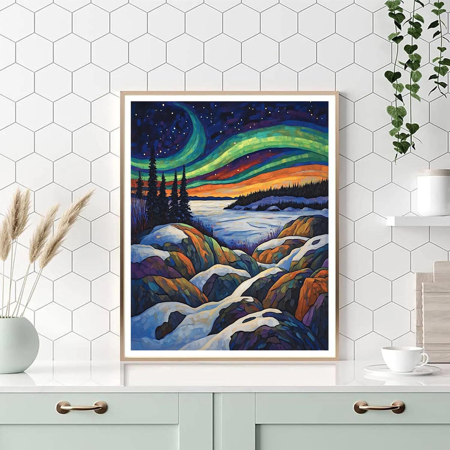 A.Y. Jackson Inspired Basalt Ridges Under Aurora Snowlight paint by numbers