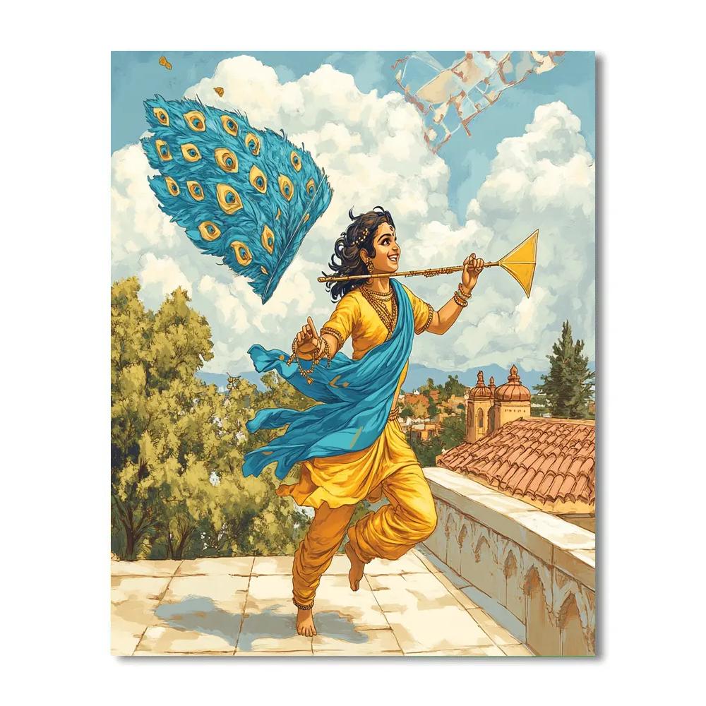 Krishna And The Peacock Feather Kite Paint by numbers art