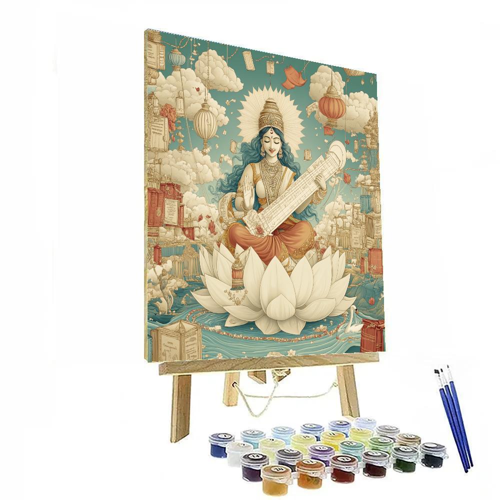 Saraswati In The Floating Library Of Lotus Kites paint by number