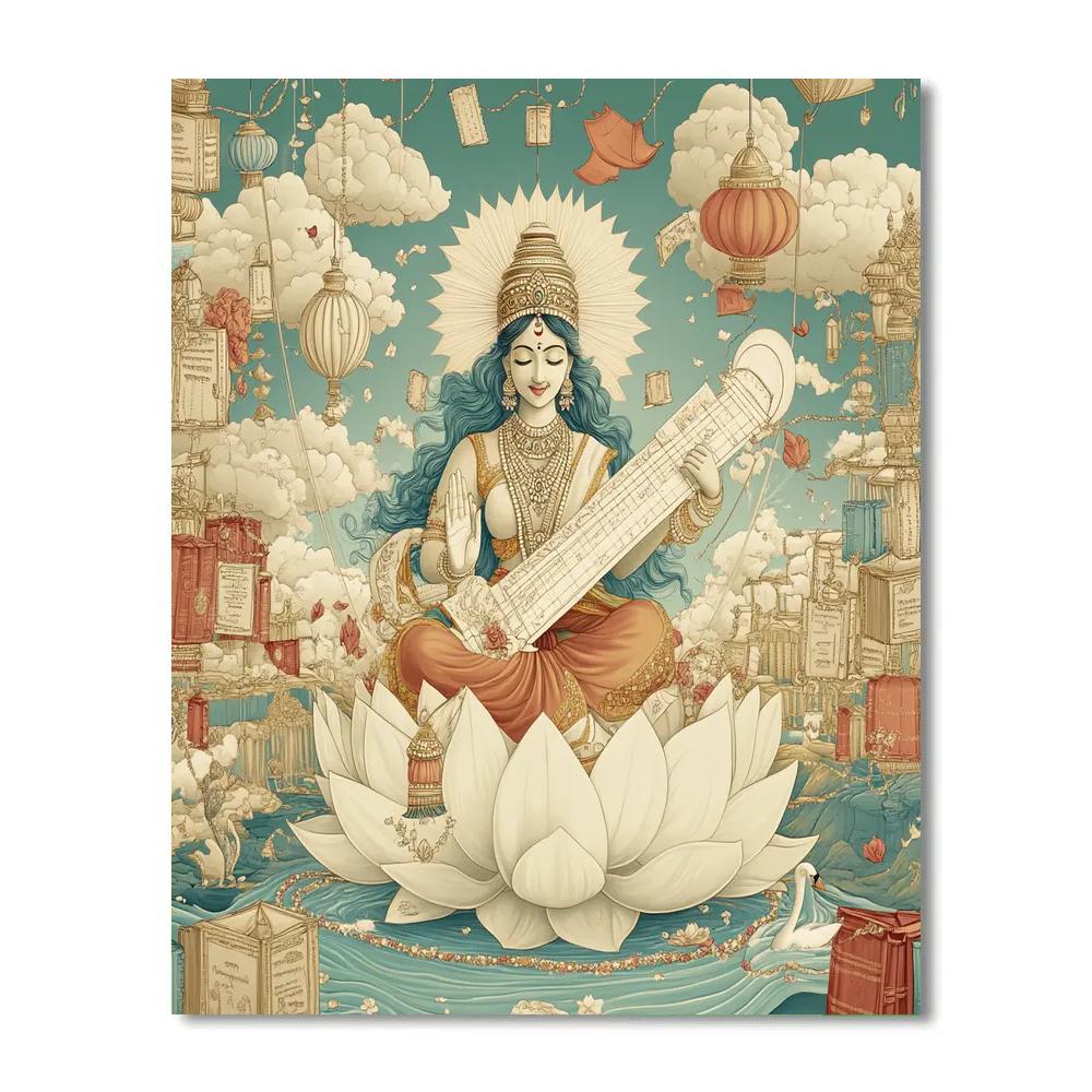 Saraswati In The Floating Library Of Lotus Kites paint by number