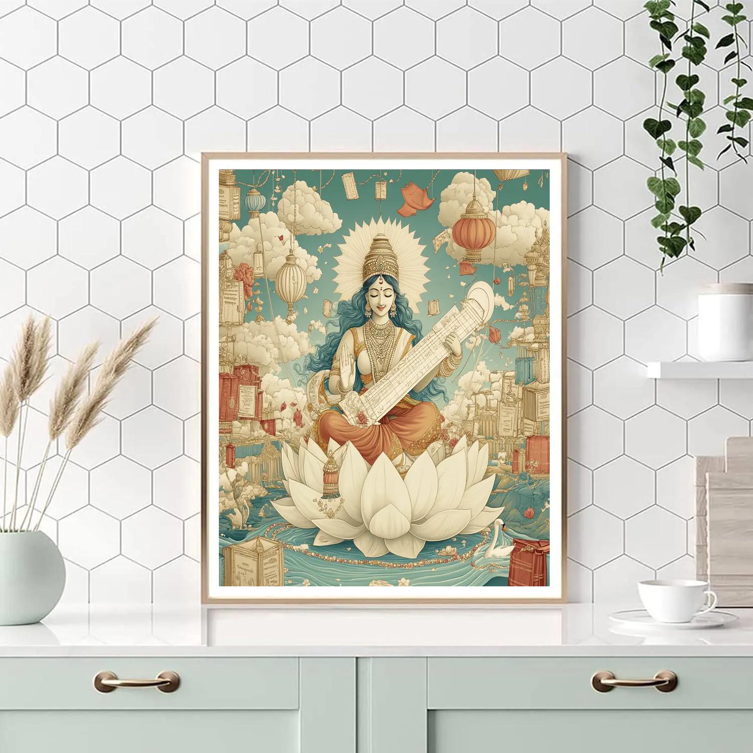 Saraswati In The Floating Library Of Lotus Kites paint by number