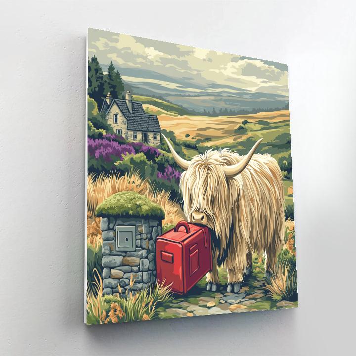 Highland Cow Postmaster At The Moorland Mailbox painting number kit